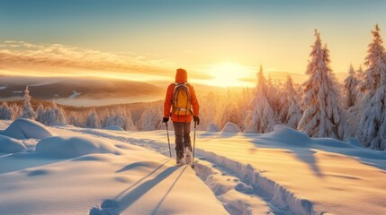 Winter hiking in the mountains on snowshoes with a backpack, Generative AI