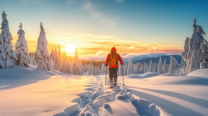 Winter hiking in the mountains on snowshoes with a backpack, Generative AI