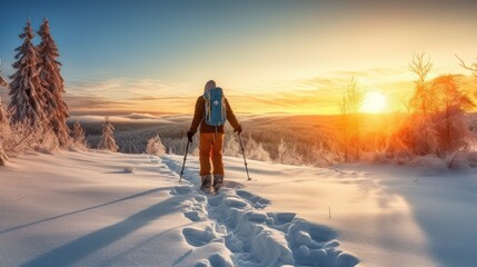 Winter hiking in the mountains on snowshoes with a backpack, Generative AI