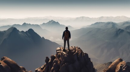 Man standing on top of a mountain and looking at the misty valley, Generative AI