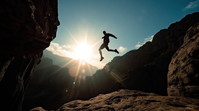 Silhouette of a man jumping from a cliff against a sun, Generative AI