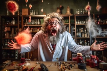 A crazy physicist at work in his laboratory created with generative AI technology. - obrazy, fototapety, plakaty