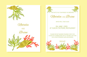 Wedding invitation summer marine theme plants layout. A frame of marine elements with text. Algae, corals, seashell. Vector illustration.