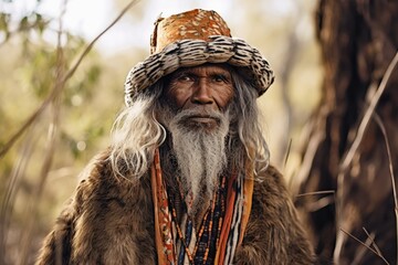 An Australian Aborigine in traditional robes created with generative AI technology. - obrazy, fototapety, plakaty