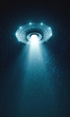 Unidentified flying object at night with fog and a light below, supposed tractor beam. 3D illustration. - 608009451