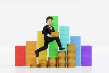 Businessman holding big coin climbing up on bar chart, success business and financial concept, 3D rendering.