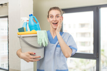 feeling happy and astonished at something unbelievable. housekeeper concept