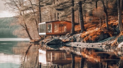 Fototapeta premium Wooden house on a lake in autumn forest, Generative AI