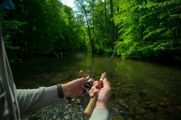 Fisherman catching brown trout on spinning tackle standing in river. Close up.