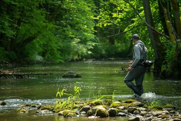 Fisherman crossing river with spinning rod in his hands. Trout fishing.