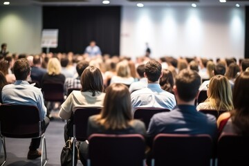 Business and entrepreneurship symposium. Speaker giving a talk at business meeting. Audience in conference hall. Rear view of unrecognized participant in audience, Generative AI