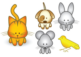 Fototapeta premium Vector illustration set of different pet animals. All vector objects and details are isolated and grouped. Colors and transparent background are easy to adjust.