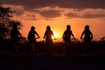 Fototapeta na wymiar Silhouette of active Asian kids riding bikes at sunset Generative AI