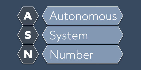 ASN Autonomous System Number. An Acronym Abbreviation of a term from the software industry. Illustration isolated on blue background