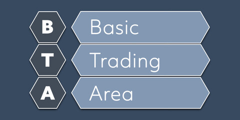 BTA Basic Trading Area. An Acronym Abbreviation of a term from the software industry. Illustration isolated on blue background