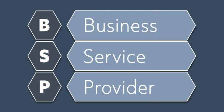 BSP Business Service Provider. An Acronym Abbreviation of a term from the software industry. Illustration isolated on blue background