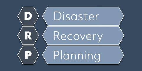 DRP Disaster Recovery Planning. An Acronym Abbreviation of a term from the software industry. Illustration isolated on blue background