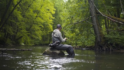Fisherman catching brown trout on spinning tackle sitting on rock in river.