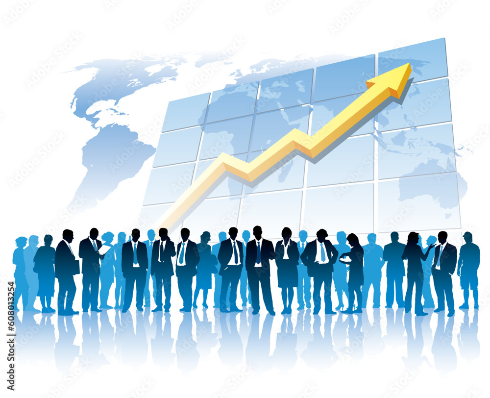 Poster businesspeople are standing in front of a large graph, world map in the background. the base map is 