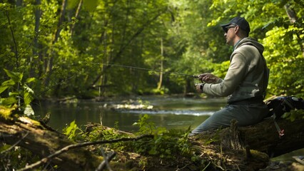 Fisherman catching brown trout on spinning tackle sitting on riverbank.