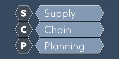SCP Supply Chain Planning. An Acronym Abbreviation of a term from the software industry. Illustration isolated on blue background