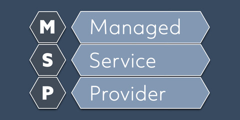 MSP Managed Service Provider. An Acronym Abbreviation of a term from the software industry. Illustration isolated on blue background