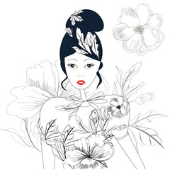 Sketch with woman and floral element