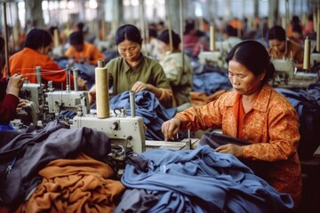 photo of asian seamstress in textile factory sewing with industrial sewing machines. Generative AI