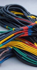 Colorful wire harness and plastic connectors for vehicles, automotive industry and manufacturing.