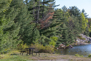 Killarney Provincial Park, Ontario, Canada. landscape with lake,  trees and sky.Riverside Picnic Spot