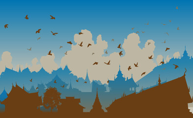 Editable vector illustration of birds over a generic east asian city