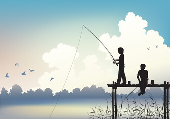 Editable vector scene of two boys fishing from a wooden jetty using gradient mesh