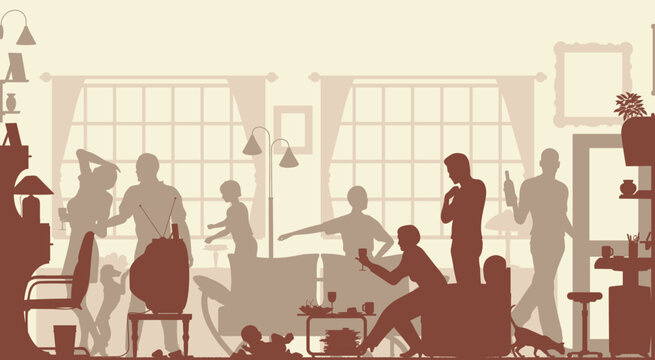 Foreground Silhouette Of A Family Gathering In A Living Room With All Elements As Separate Editable Objects