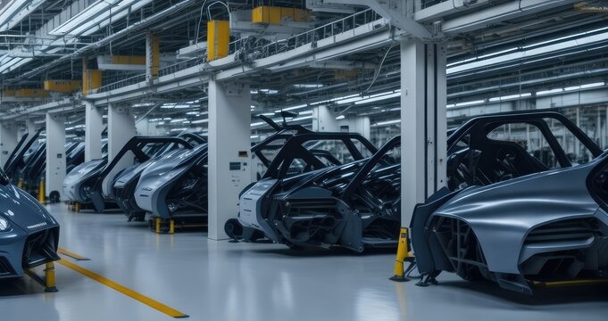 Photo car bodies are on assembly line factory for production of cars modern automotive