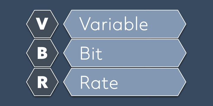 VBR Variable Bit Rate. An Acronym Abbreviation of a term from the software industry. Illustration isolated on blue background