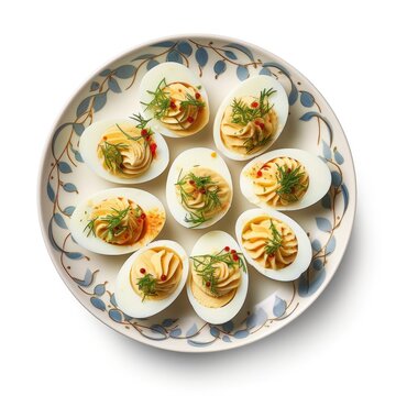 Delicious Plate Of Deviled Eggs On A White Background (Generative AI)