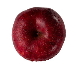 Manzana roja mojada con agua fresca, en vista cenital