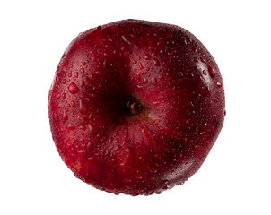 Manzana roja mojada con agua fresca, en vista cenital
