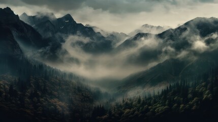 Panoramic view of a mountain valley in the mist, Generative AI