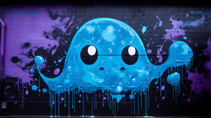 A graffiti of a blue cute blob monster a brick wall Generative Ai