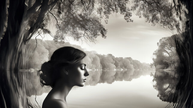 A Relaxed Woman With Closed Eyes Standing In Front Of A Lake Generative Ai