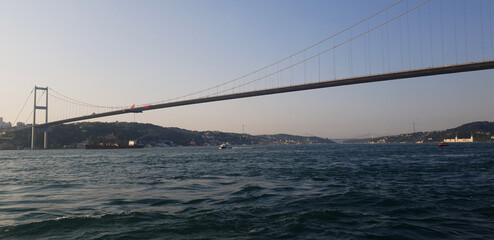Istanbul, Turkey - May 10, 2023: Bosphorus and the Fatih Sultan Mehmet Bridge. High quality photo.