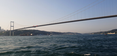 Istanbul, Turkey - May 10, 2023: Bosphorus and the Fatih Sultan Mehmet Bridge. High quality photo.