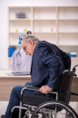 Old patient in wheel-chair visiting devil doctor