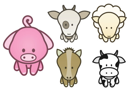 Vector illustration set of different cartoon farm animals. All vector objects and details are isolated and grouped. Colors and transparent background color are easy to adjust.