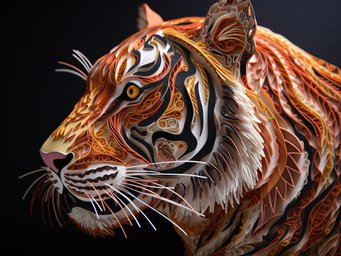 A paper quilling tiger face isolated on a black background Generative Ai
