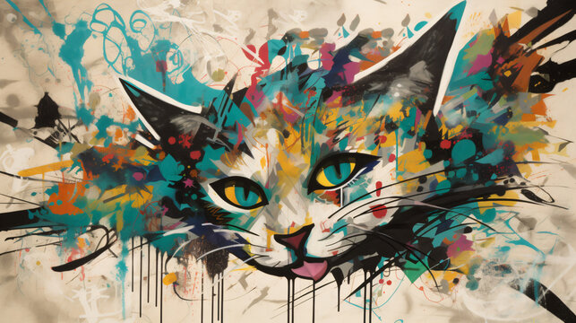 A colorful graffiti of a cat with blue eyes Generative Ai