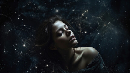 A woman with her eyes closed and a constellation of stars in the background Generative Ai