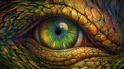 A close up of a reptile eye with a green iris Generative Ai