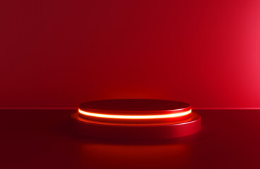 Cylinder podium with white neon lights on red background. Concept of design for product display. 
